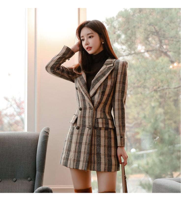

2019 Winter Trench Coat Women Office Lady Solid Plaid Outerwear Coat Full Button Double-Breasted Pockets Woolen Overcoat Female, Khaki