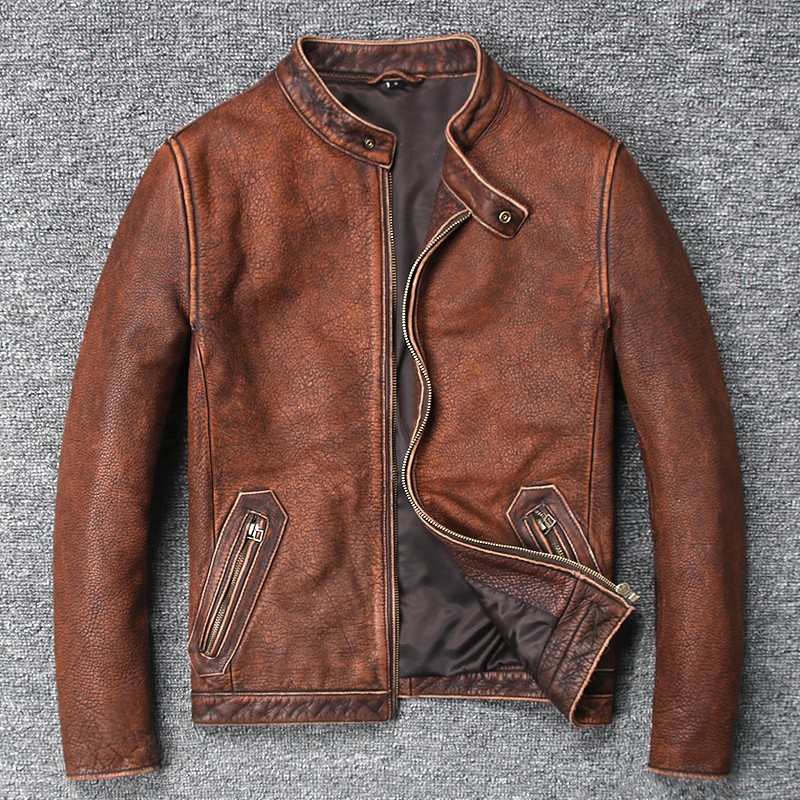 Uomo Vera Giacca in Vera Pelle Vintage Nero Marrone Slim Fit Stile Biker-B8