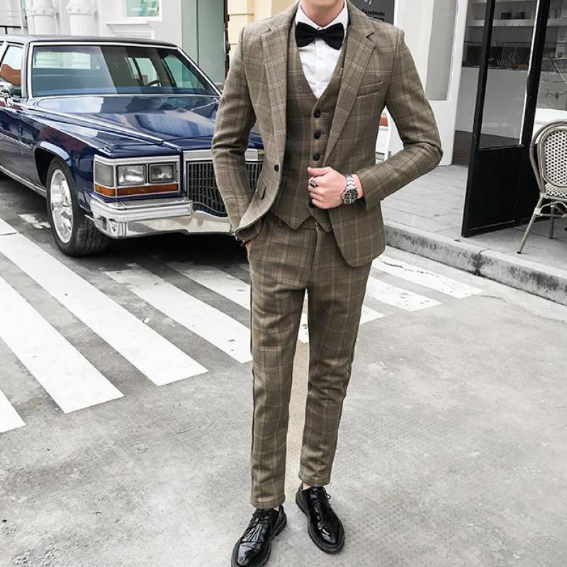 

Coat + Pants + Vest) Men' Stylish Plaid Slim Fit Suit Men' Business Casual Suit 3 Pieces Sets Slim Skinny Formal Clothes, Coffee 3 pcs suits