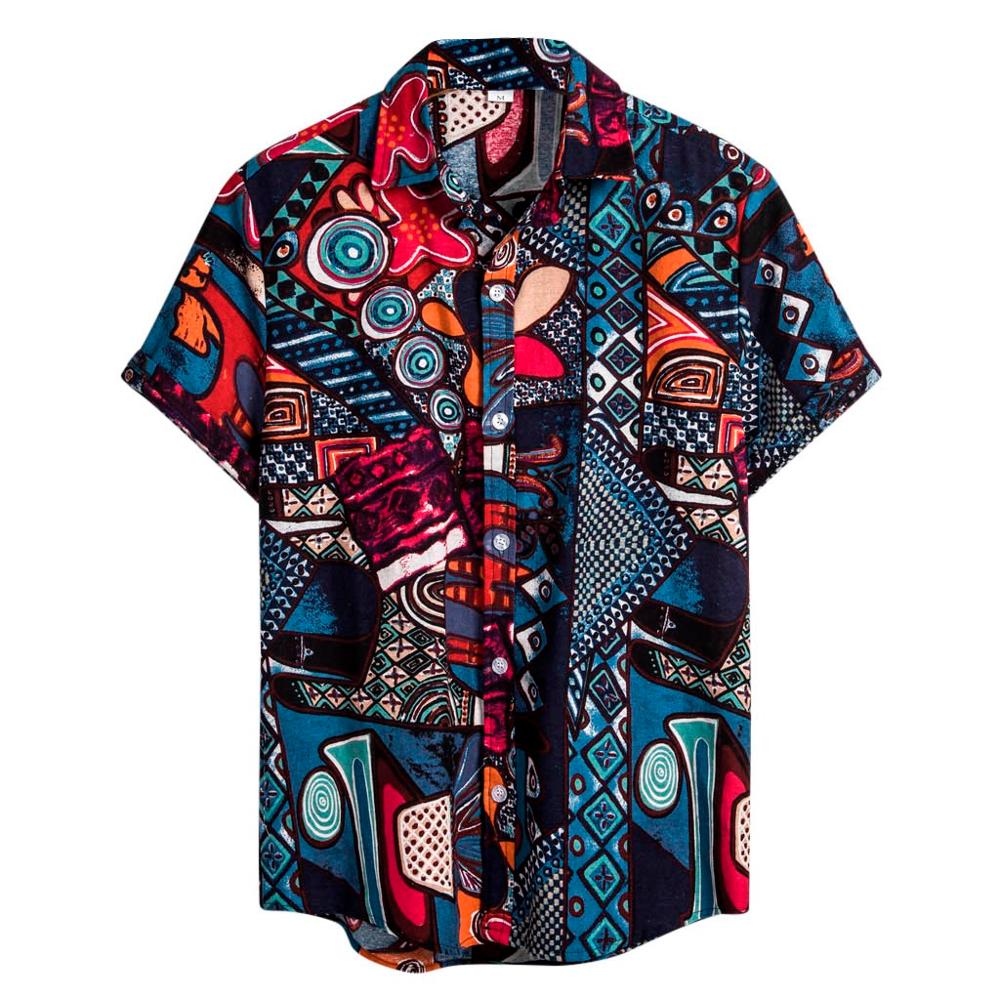 

Januarysnow Mens Ethnic Short Sleeve Casual Cotton Linen Printing Hawaiian Shirt Blouse Couple Loose Fit Hawaii Vintage African Print, Black