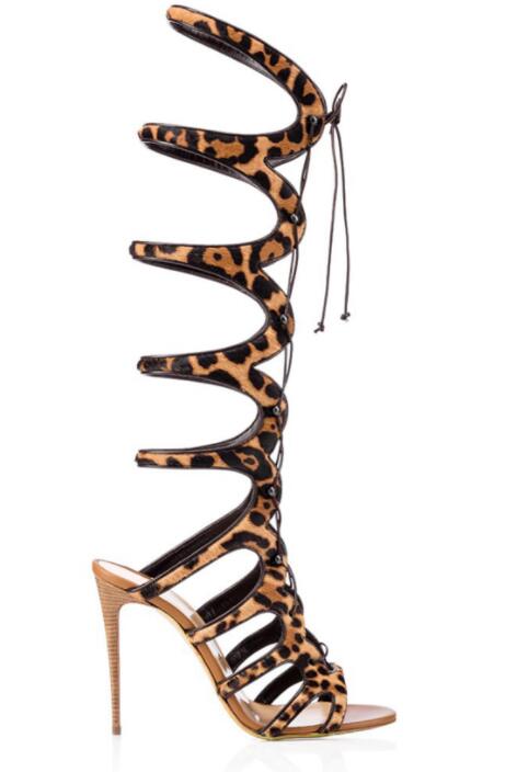 

Women Sexy Leopard Print Cut-outs Stiletto Heels Gladiator Sandals Boots Lady Lace-up Runway Shoes Woman Ankle Strap Shoes 2020, Black