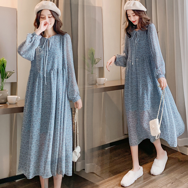 

2020 New Pregnancy Clothes Dress Spring And Summer Dresses Floral Maternity Dress Full Chiffon Pregnant, Sky blue
