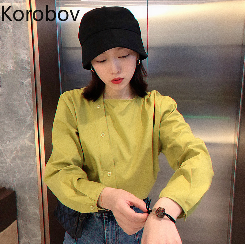 

Korobov Korean Chic O Neck Long Sleeve Solid Blouse Women Oblique Button Design Pullover Blusas Loose Temperament Shirt 2a829, Green