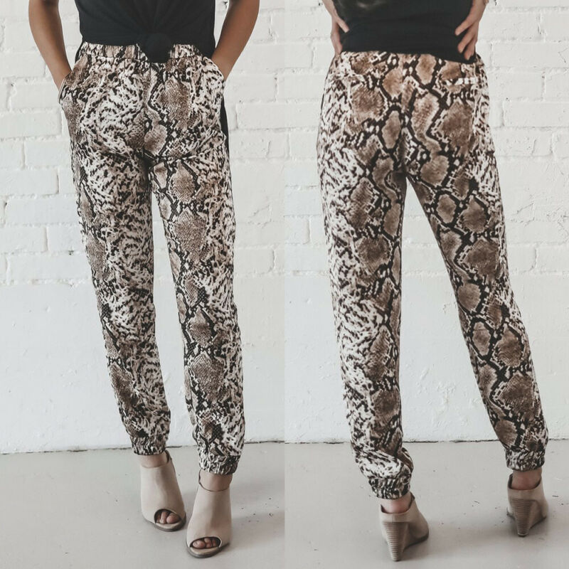 

2020 Spring Women Snake Print High Waist Casual Trousers Pocket Track Pants Sweatpants Lady Elastic Long Pants, As pic