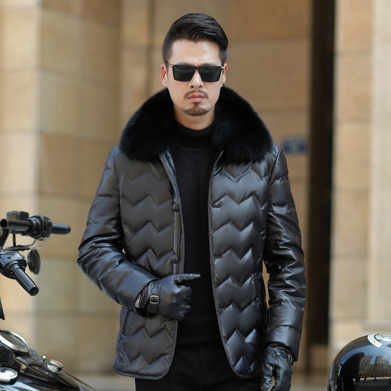 

New Winter Jacket Mens Leather Jacket fo Fur Collar Business Solid duck down Mens Faux Fur Coats Plus Size -4XL, Black
