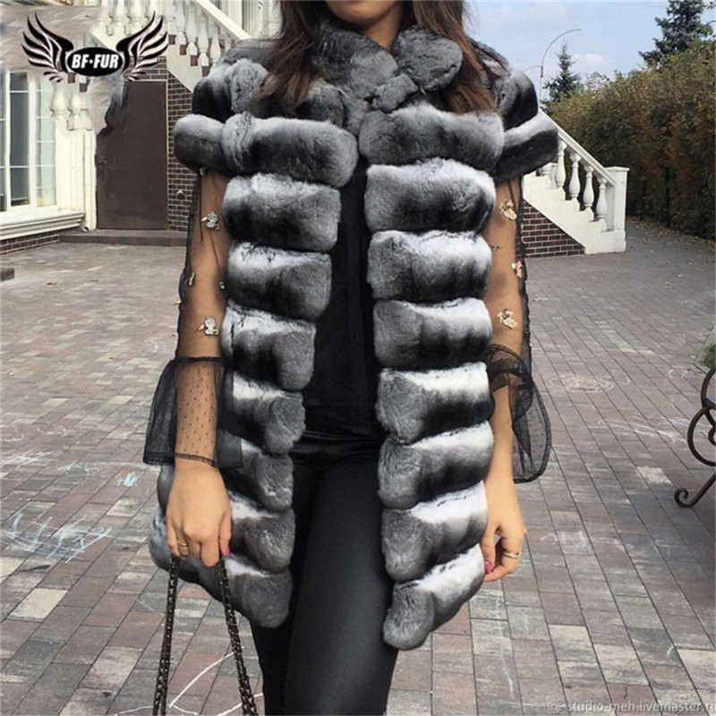 

Winter Fashion Real Chinchilla Rex Fur Vest For Women High Quality Rex Fur Coats Full Pelt Natural Gilets Luxury, Length 75cm