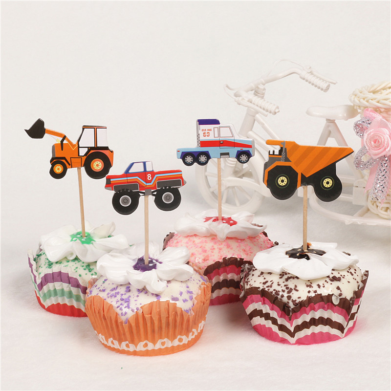 

24pcs cartoon car truck cupcake toppers picks birthday party baby shower decor