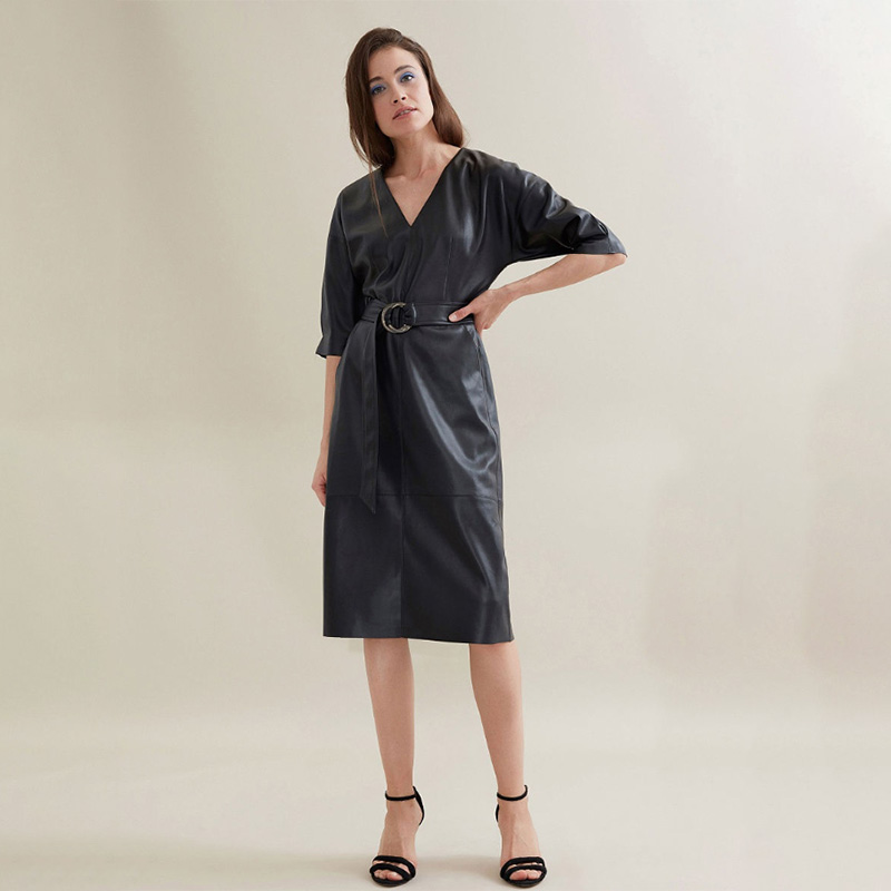 

Women Vintage Sashes Leather A-line Party Dress Short Sleeve Sexy V neck Solid Elegant Dress 2020 Summer New Fashion Women, Black