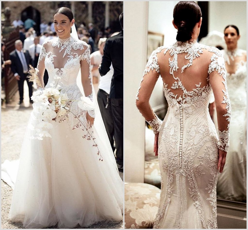 

2019 Elegant Mermaid Wedding Dresses With Detachable Train High Neck Lace Appliqued Country Bridal Gowns Long Sleeve Bohemian Wedding Dress, Red