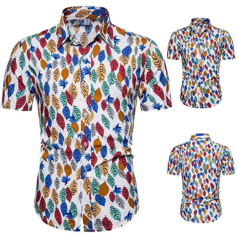 

2020 Men Colour Leaf Print Shirts Fashion Beach Hawaiian Shirt Casual Slim Fit Mens Clothing Chemise Homme camisa masculina 3XL, Blue