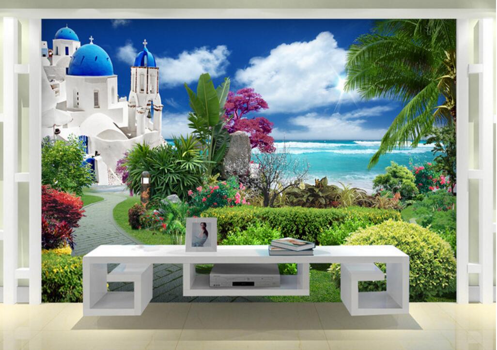 

WDBH 3d wallpaper custom photo Aegean seaside garden background wall painting living room Home decor 3d wall muals wall paper for walls 3 d, Non-woven
