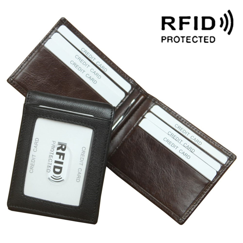 

RFID Blocking Genuine Leather Short Wallet Fold Over Purses Women Men Card Holder Banknote Pocket Cowhide Wallet Money Clipper Purse, 2 colors for choice