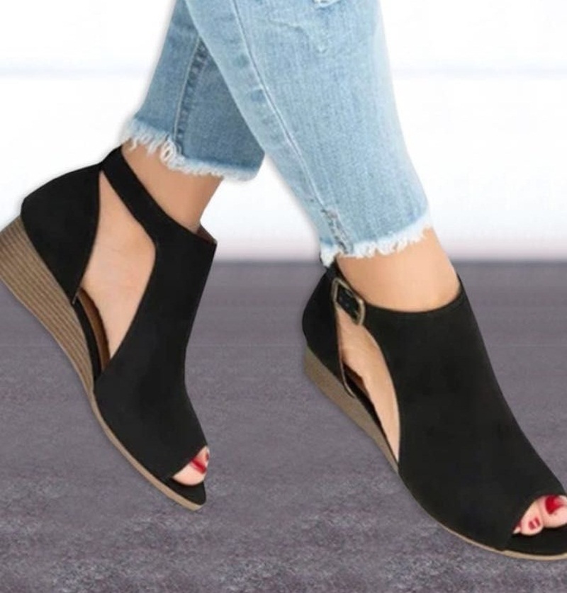 

Woman Wedge Buckles Fish Mouth Sandals Gladiator Women Sandals Mid Heel Sandals Ladies Summer Peep Toe Women Shoes, Black
