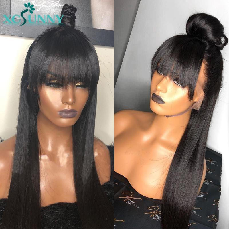 

13x6 Straight Lace front wig With Bangs 180 Density Deep Part Remy Brazilian Human Hair Wigs Glueless For Women xcsunny, Natural color