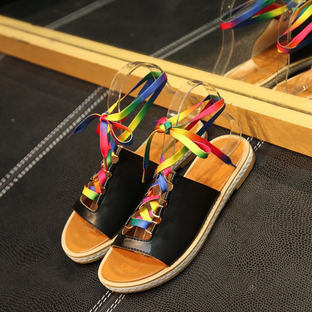 

Fashion Bohemian Sandals Summer Beach Slippers Women Ankle Bandage Flat With Roman Sandals Shoes Woman Flat-Bottomed Dress Shoes, Black