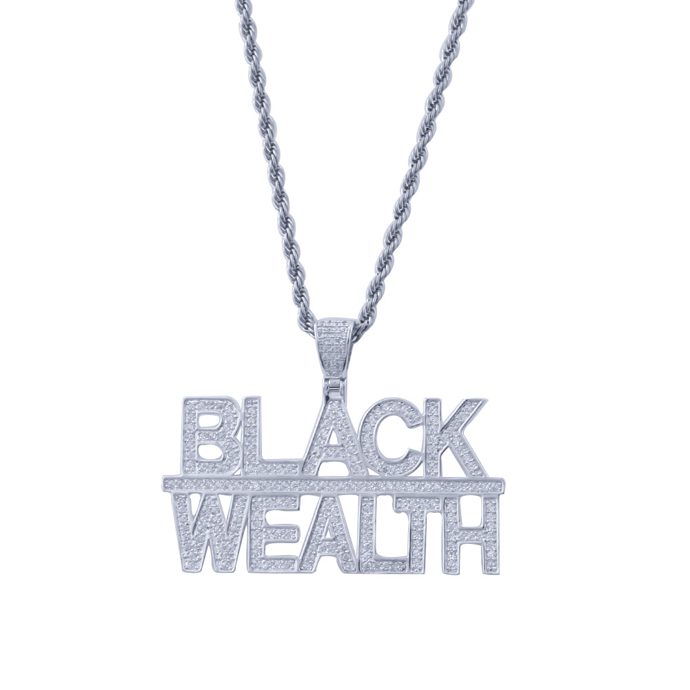 New Custom 14k White Gold Finish Men's Black Wealth Fully Iced out Zircon HipHop Pendant Necklace