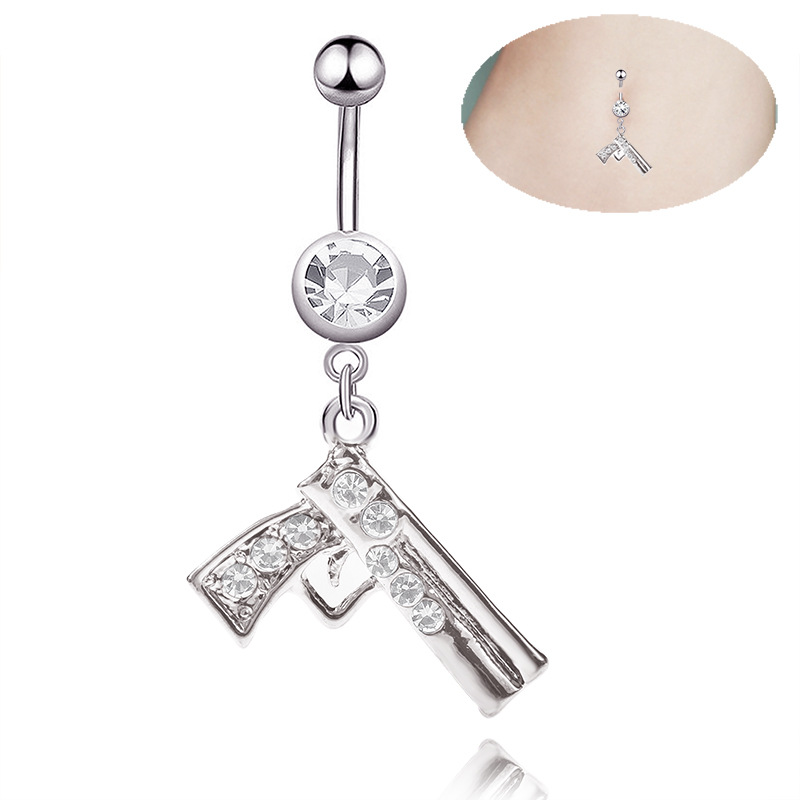 

Sexy Gun Shape Wasit Belly Dance Crystal Body Jewelry Stainless Steel Rhinestone Navel & Bell Button Piercing Dangle Rings for Women, Silver