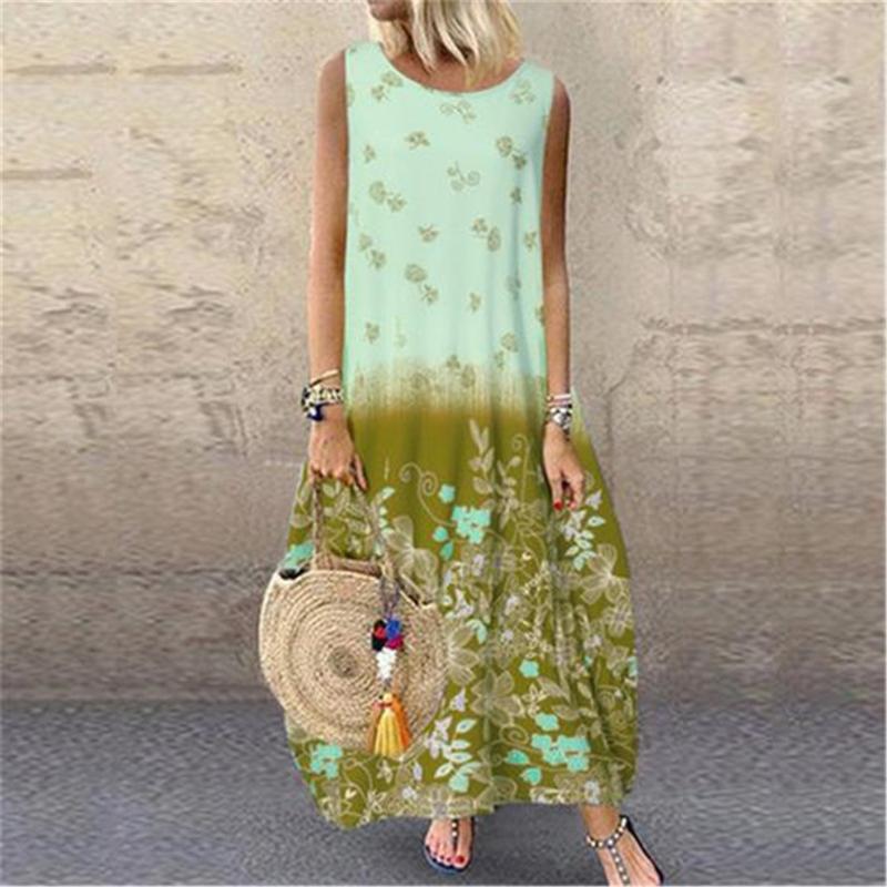 

Women Summer Maxi Dress Casual Print Floral Oversized Dresses Sleeveless Loose Long Dress Ladies Bohemian vacation Beach Dresses