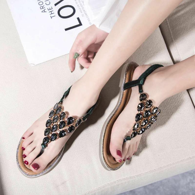 

Women Sandals Bohemian Crystal Flat Soft Slippers Women Bottom Flip-Flop Lady Slippers Shoes Designers Slides, Black