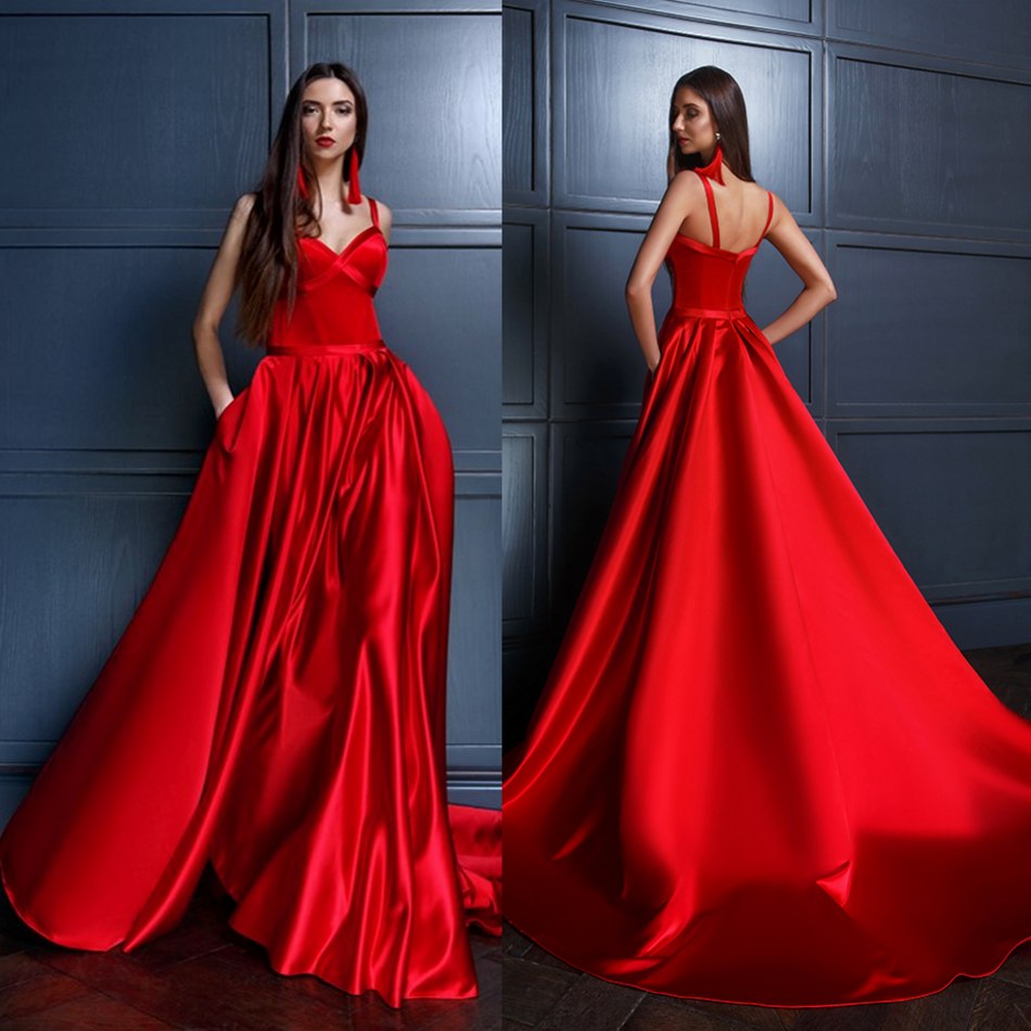 

red glamorous a line evening dresses strap sleeveless satin prom dresses sweep train formal dresses, White