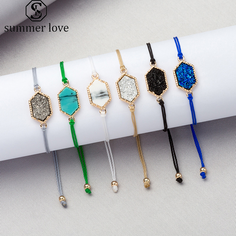 

Handmade Crystal Quartz Druzy Bracelets Natural Resin Stone Gold Sparkling Wax Rope Bracelets Bangles for Women Summer Jewelry Gifts 2019