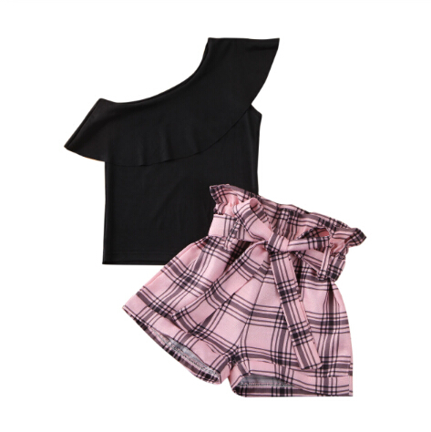 

2-7Y Toddler Baby Girls Clothes Sets One Shoulder Ruffles T Shirts Tops Plaid Print Bow Shorts 2pcs, As pic