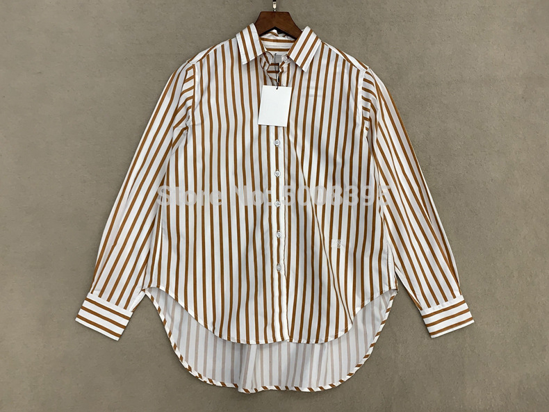 

ElfStyle] - 2020ss Capri shirt stripe boxy shirtS Blouse Button up Collar Uneven Curved hem Oversized TOPS Long Sleeves, Striped