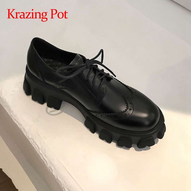 

Krazing pot british school real leather thick bottom waterproof round toe high square heel lace up beauty lady women pumps L83, Black 1