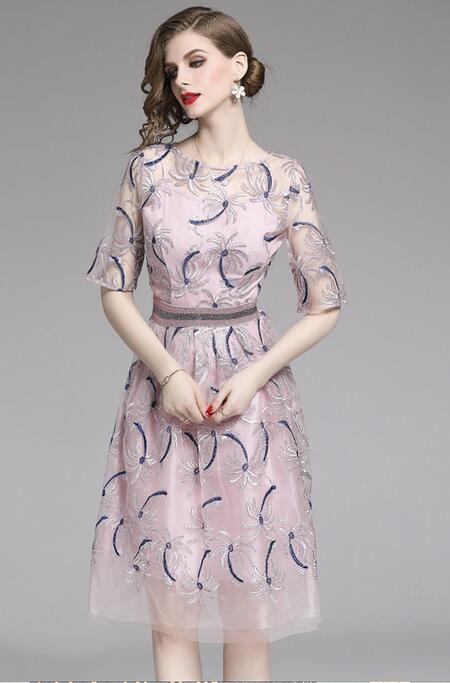 

Crew neck 1/2 sleeves heavy embroidered pink gauze lady dresses A-line street style dresses knee-length