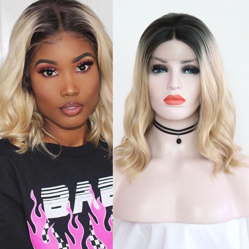 

QUINLUX WIGS Ombre Blonde Wavy Wig Half Hand Tied Synthetic Lace Front Wigs For Black Women Cosplay Game Heat Resistant Fiber, As pic