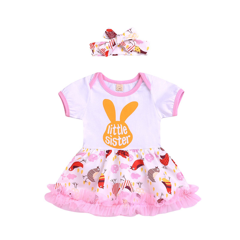 

Infant Easter A-line Dress Kids Baby Lace Short Sleeve Dress Kids Casual Clothes Girls Cartoon Bunny Ear Little Sister Dresses Hairband 06, Pink