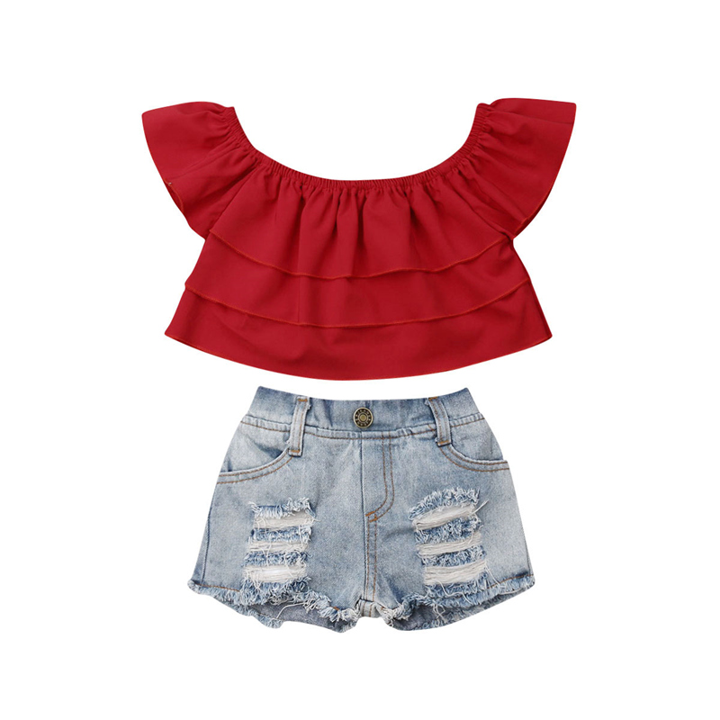 girls red denim shorts