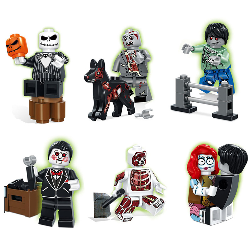 

6pcs Game Zombie War II Mini Toy Figure The Walking Dead Doctor Anatomini Saw Billy Pumpkin King Sally Dog Boy Building Block Brick