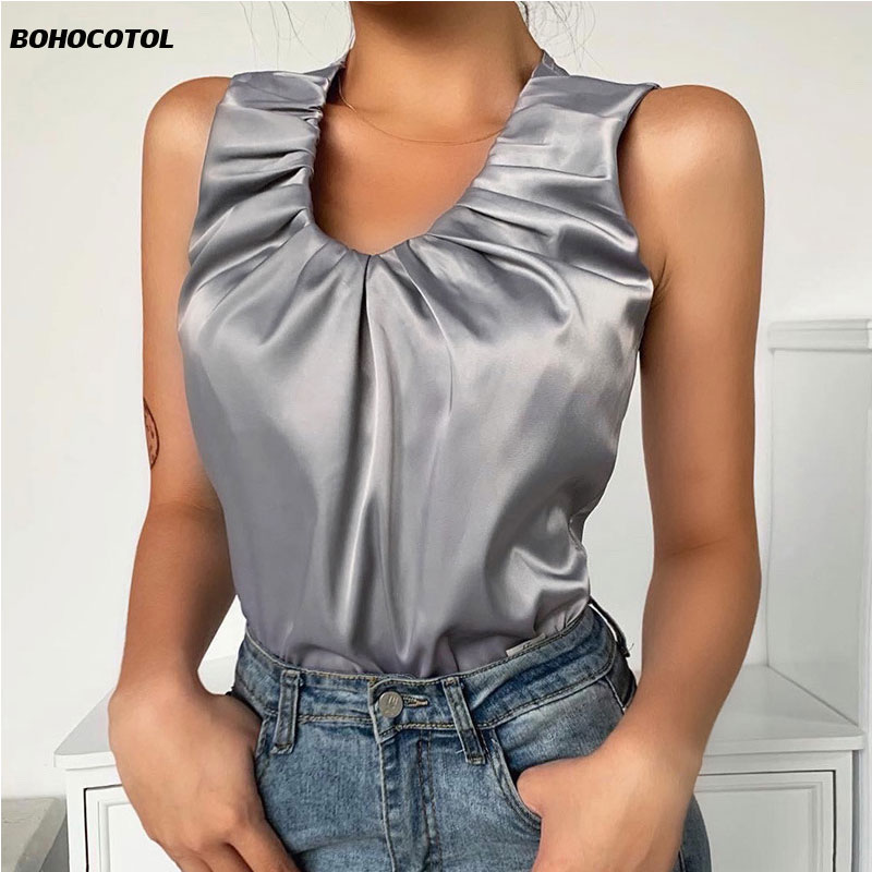 

2020 new summer solid color sexy slim vest women' pleated U-neck satin slim shirt women, Gray