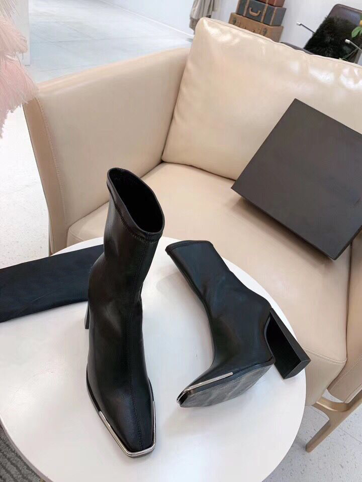 

Hot Sale-new sexy high heels Leather Suede elastic boots Heavy heel metal woman shoes zipper luxury Square head Short boots 35-41, Black + patent leather