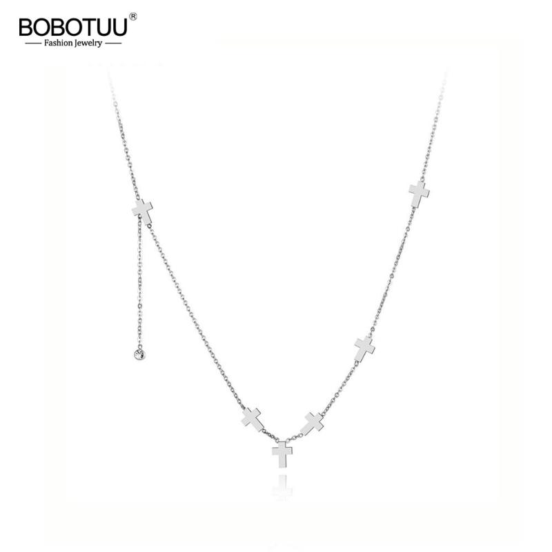 

BOBOTUU Original Design Stainless Steel 6Pcs Cross Charm Necklaces Jewelry CZ Crystal Pendant Chain Necklace For Girls BN19074