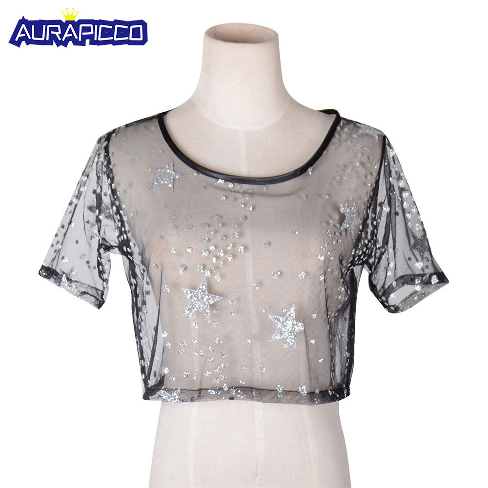 

Women's Sexy Sheer Mesh See Through Crop Top Glitter StarStarlight Clubwear Tee T Shirt Blouse Tops Music festival Outfits, Black