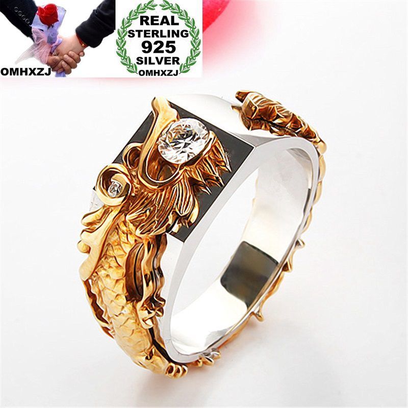 

OMHXZJ Wholesale European Fashion Woman Man Party Wedding Gift Dragon Zircon 925 Sterling Silver 18KT Yellow Gold Ring RR399