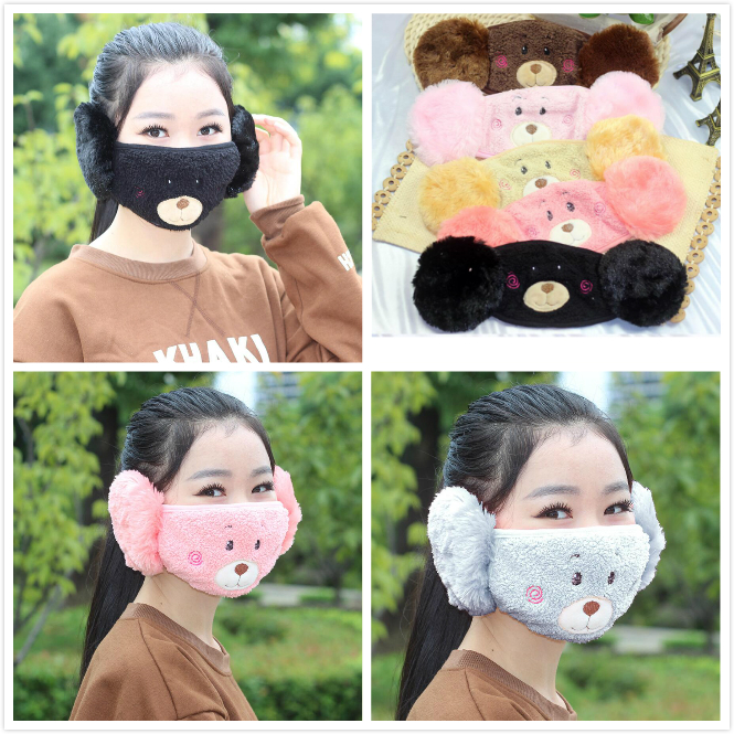 

Adult Cute Ear Protective Mouth Mask Animals Bear Design 2 In 1 Women Winter Face Masks Cartoons Mouth-Muffle Dustproof gift Free Shipping