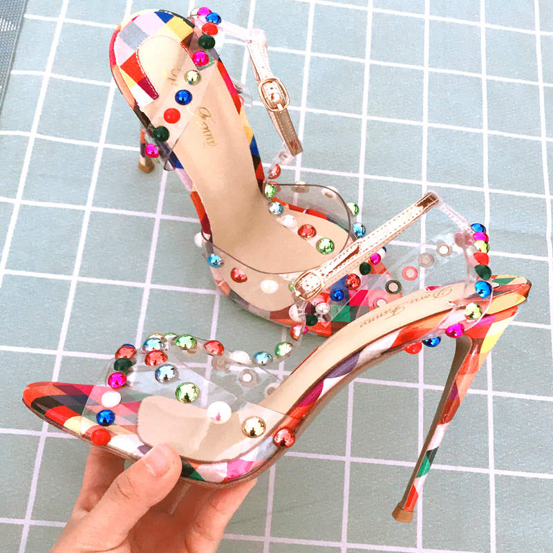 

Fashion sexy lady Women sandals multi color matt leather spikes strappy slingback ankle strappy shoes thin heels shoes 12cm 10cm 8cm big size 43 44, Multi 10cm