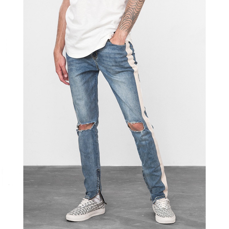 

Hip-hop autumn new European and American high street hand-polished jeans men's side stripes hole tights, Dark blue