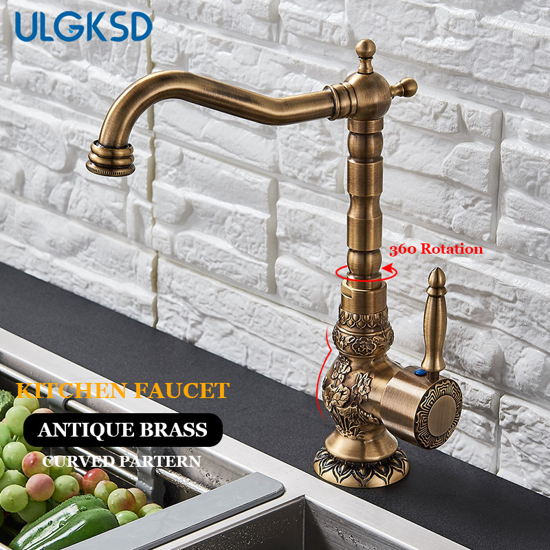 

ULGKSD Antique Brass Basin Faucet Carved Pattern Vessel Sink Tap Long Nose Deck Mount Bathroom Mixer Taps Single Handle