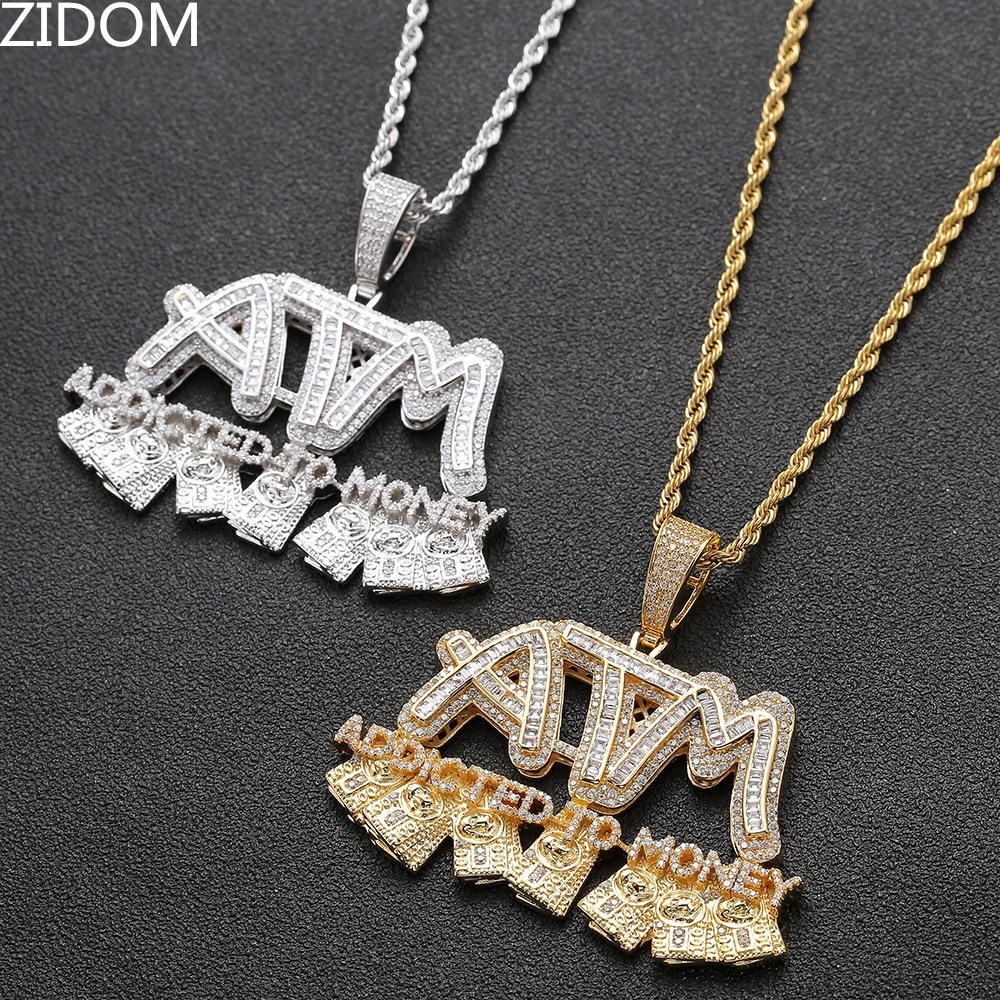 

Men Hip hop iced out ATM addicted to money pendant necklaces High quality Zircon Hiphop Letters necklace fashion jewelry