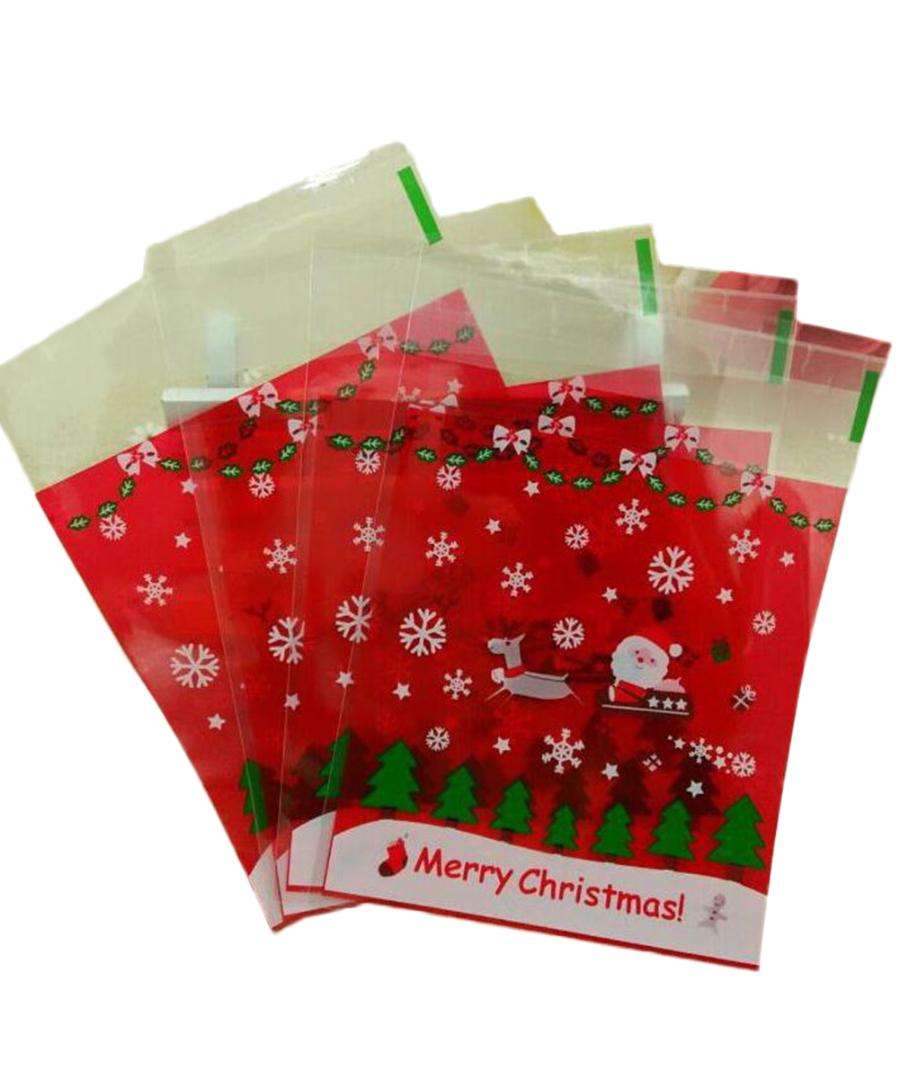 

100Pcs Self Adhesive Christmas Cookie Candy Package Plastic Sealed Cellophane Gift Bags - Red