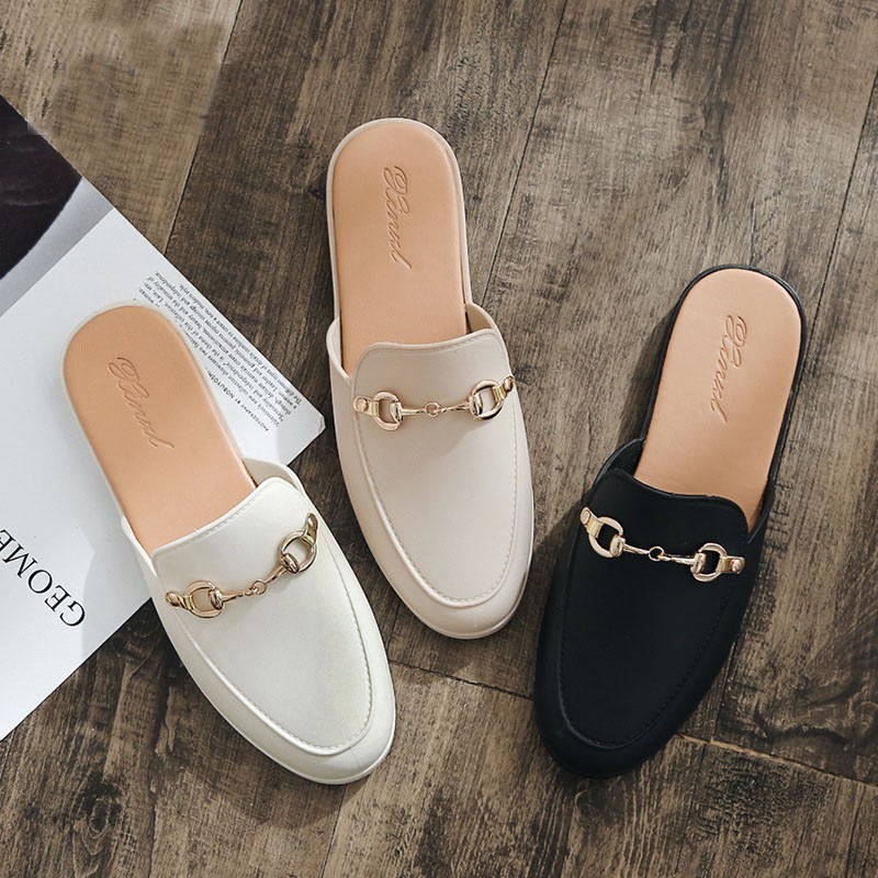 

2019 Korean fashion slippers ladies elegant pu leather shoes low heel half slippers Footwear