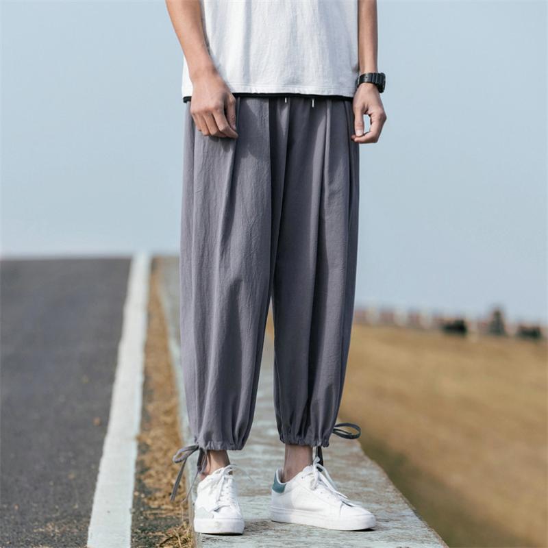 

2020 Summer Mens Japan Style Cotton Linen Cropped Cross Pants Solid Wide-Leg Bloomers Ankle-Length Trousers Plus Size -7XL 8XL, Black