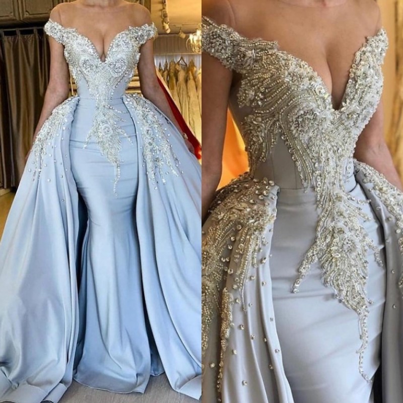 

2019 Mermaid Light Blue Prom Dresses Off Shoulder Lace Beaded Sweep Train Detachable Skirts Evening Dress Custom Made Cocktail Party Gowns, Light yellow