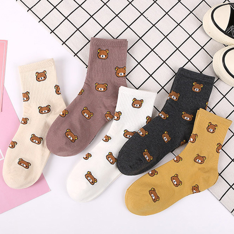 

Cute Kawaii Cartoon Women Combed Cotton Socks Women Funny Bear Crew Socks 5 colors Lovely Animal Pattern Casual Sock, Beige