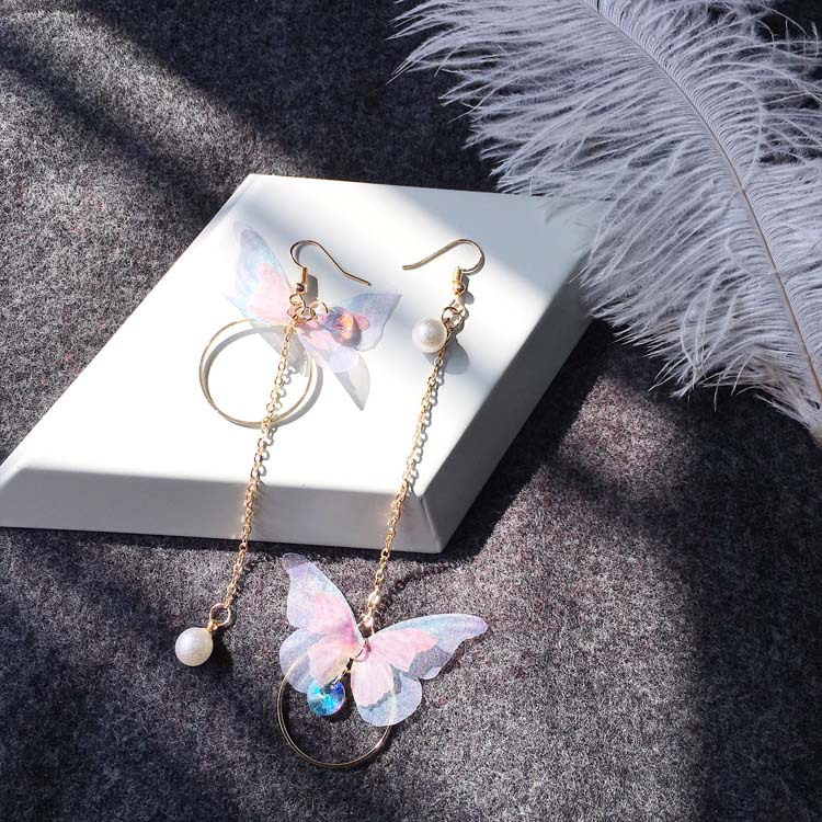 

Long Circle Wing Earrings Vintage Asymmetric Butterfly Earrings, Silver