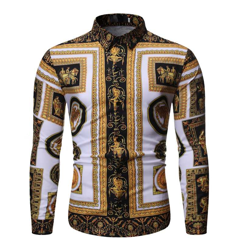 

2020 Autumn New Men' Silk Satin Printed Shirts Male Slim Fit Long Sleeve Party Shirts Men Print Business Shirt Tops -2XL, Tx42 yellow